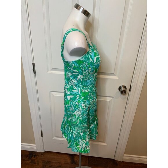 Lilly Pulitzer Green Blue White Floral Swan Monkey Print Dress W/ Shorts, Size 2 - Picture 2 of 5